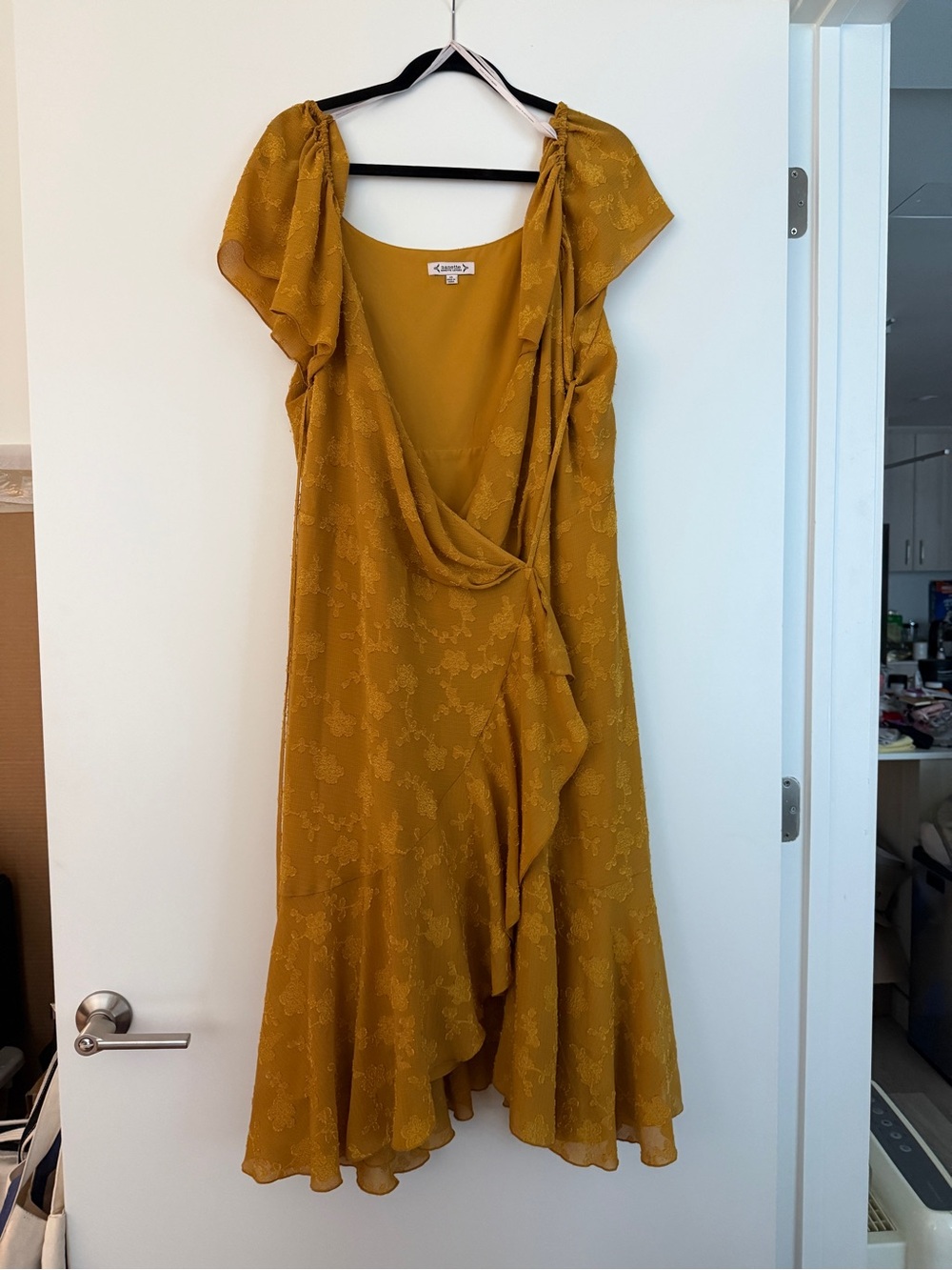 Nanette Lepore Mustard Wrap Midi Dress with Ruffle Detail